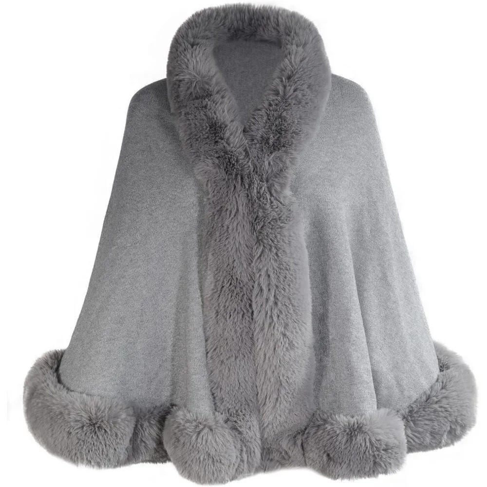 Zlyc Women Winter Faux Fur Shawl  Stole Warm Wrap Cape - Gray